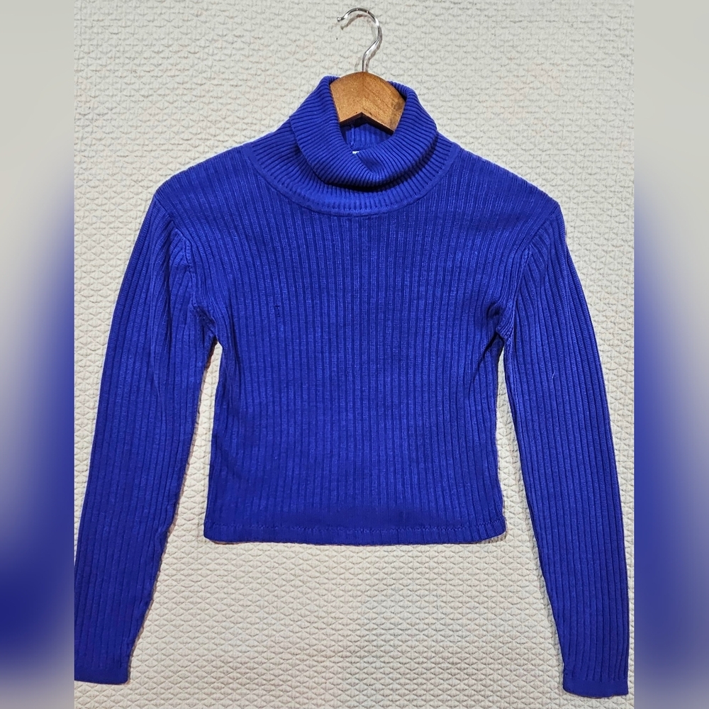 Valerie Stevens‎ Pure Silk Vibrant Blue Ribbed Turtleneck Sweater Size M